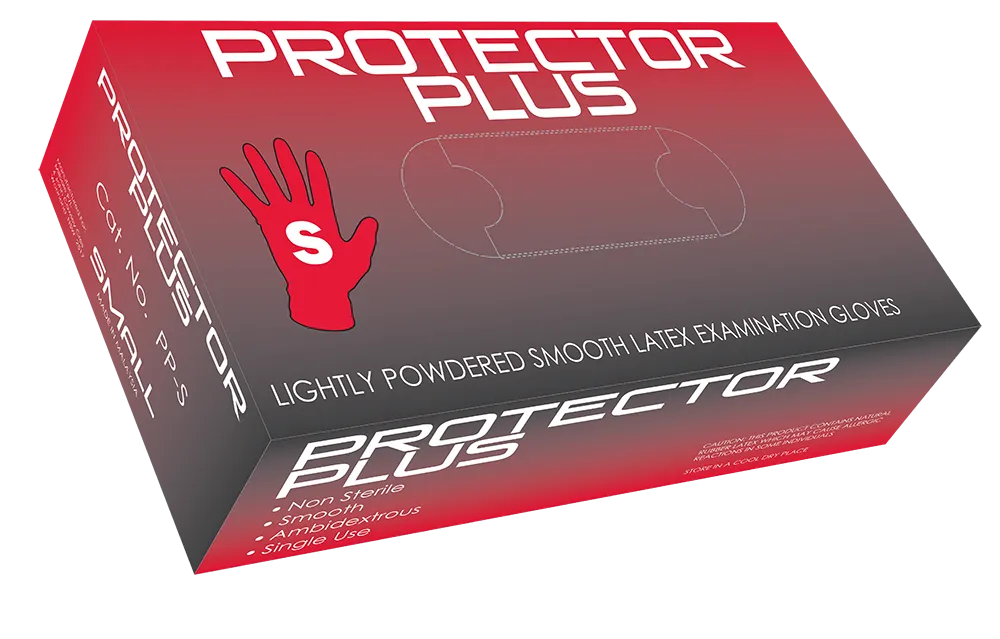 Mediflex Protector Plus lightly powdered latex gloves box showing size small and smooth examination gloves